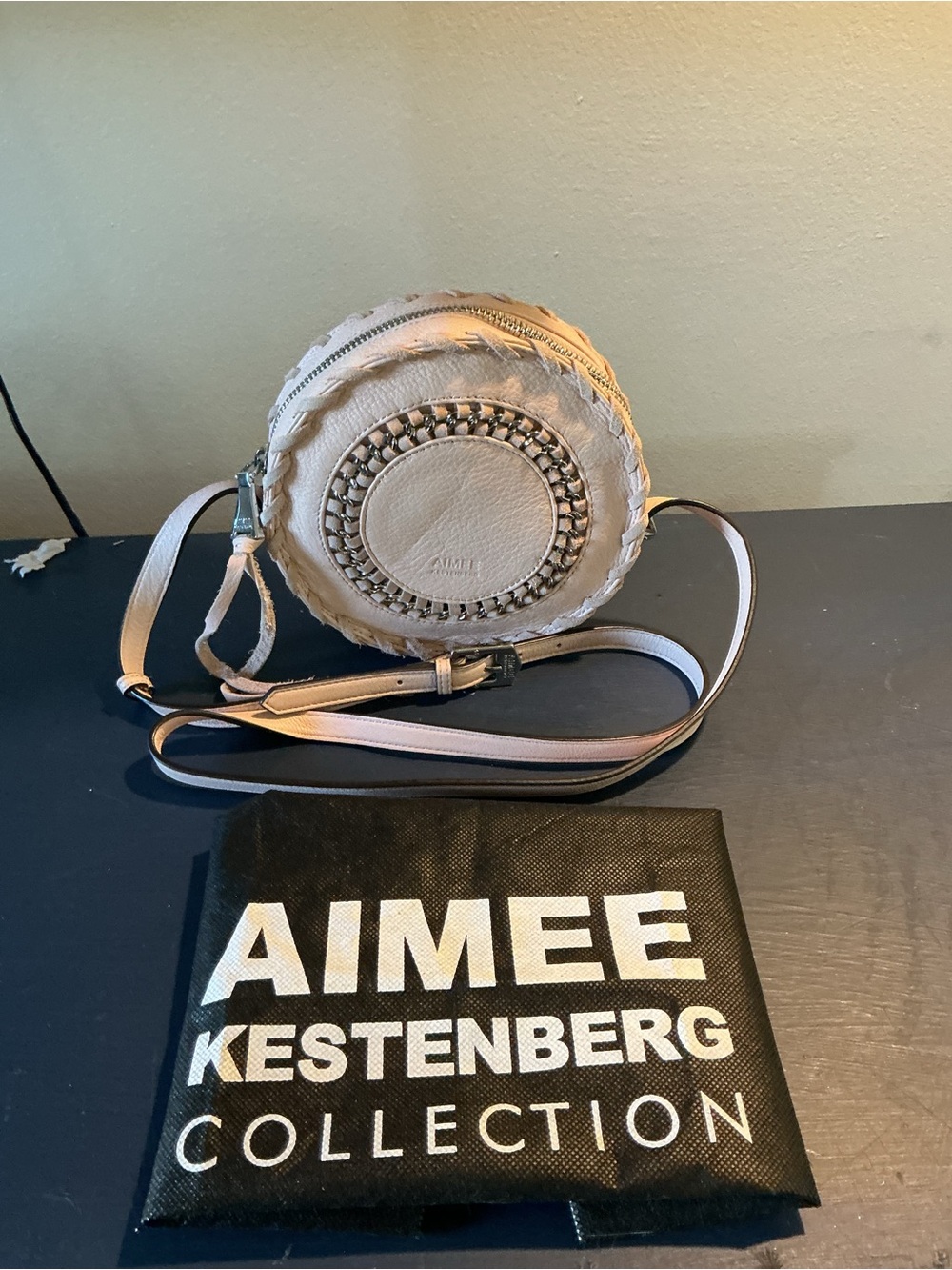 Aimee Kestenberg Beige Round Braided Leather Crossbody